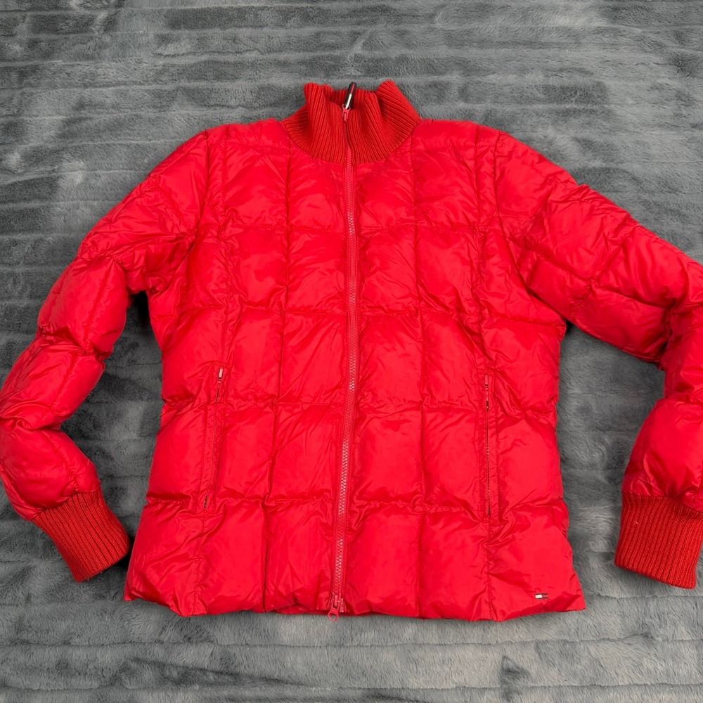 Tommy Jeans Red Quilted Puffer Jacket Women Large Full Zip Ribbed Trim Mock Neck